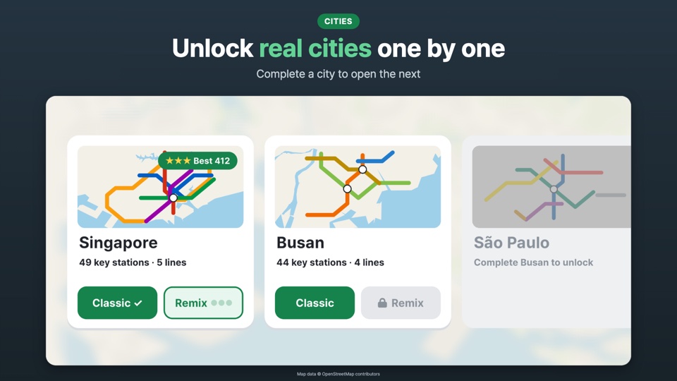 Unlock real cities one by one